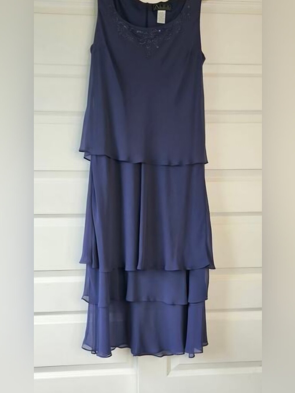 Alex Evenings Navy Tiered Chiffon Beaded Midi Dress Size 14 No Jacket